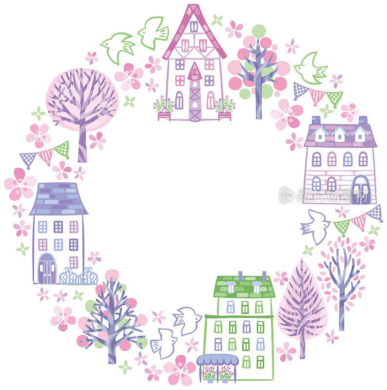 Spring cherry blossoms cityscape, house round frame①